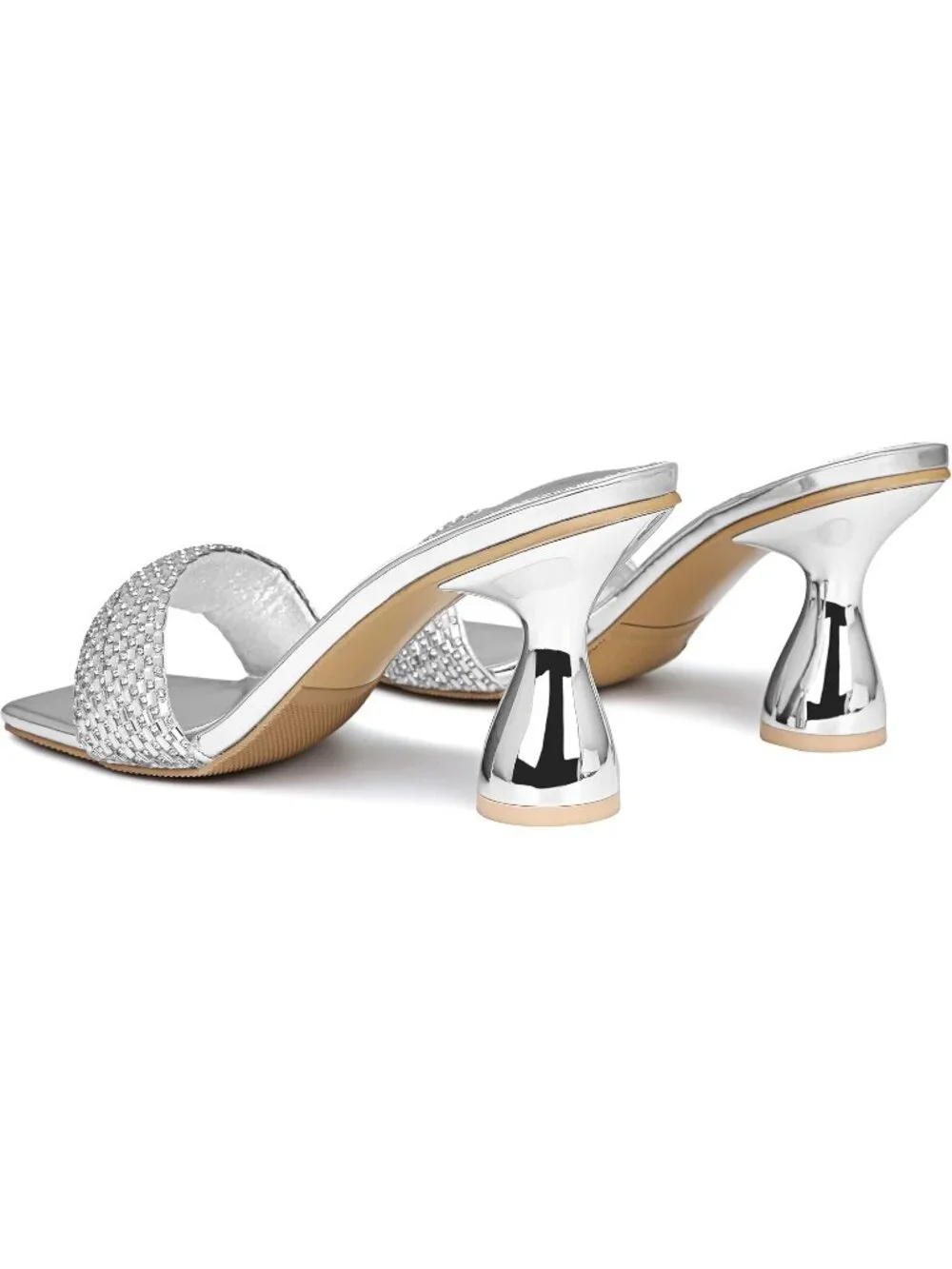 Women's Silver Rhinestone Square Open Toe 3.15 IN Square Kitten Heels Sandals